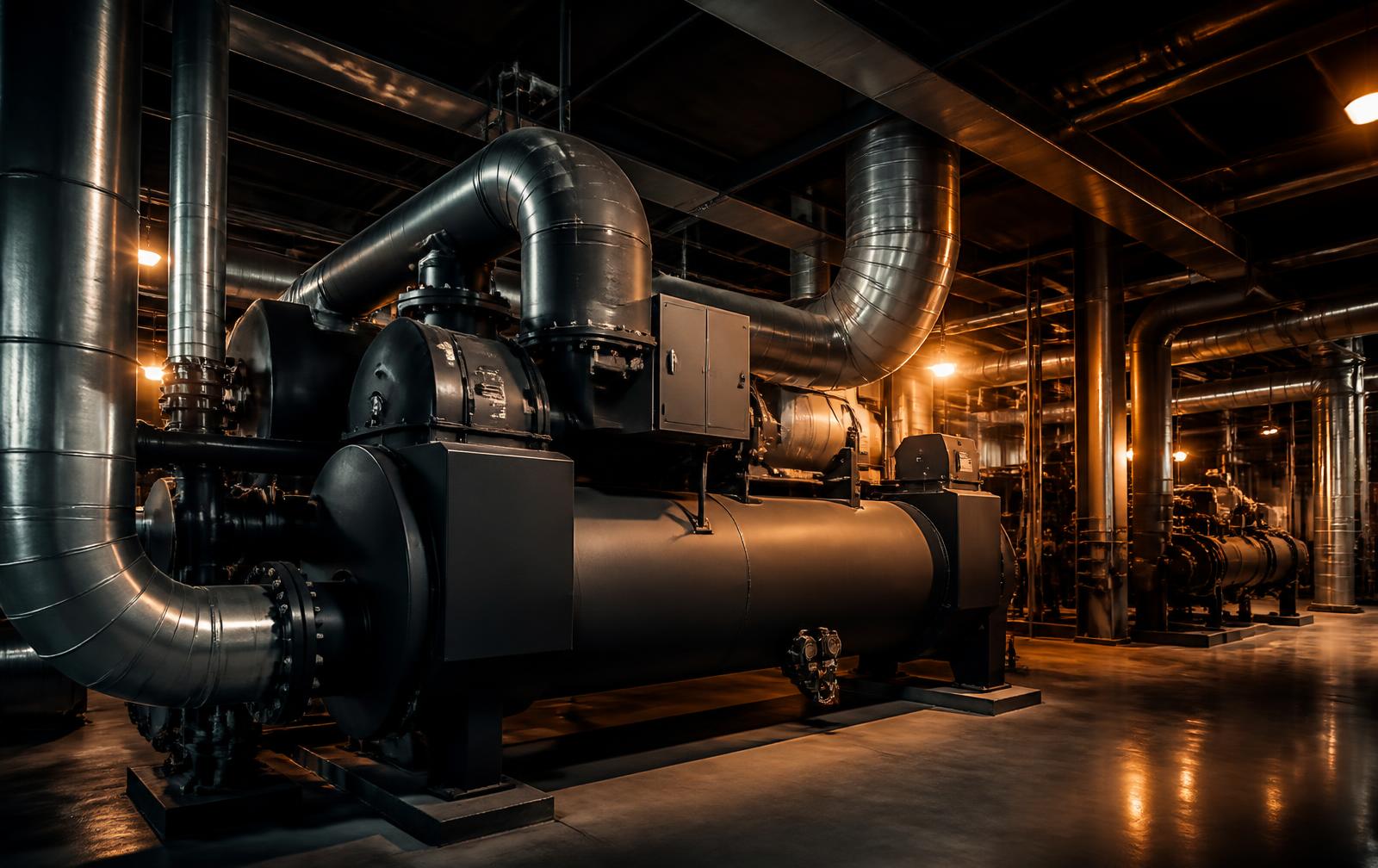 Cooling unit and ventilation ducts in a building mechanical plant room